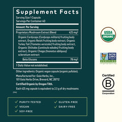 Gaia Herbs Everyday Mushrooms label details showing gluten-free and dairy-free features