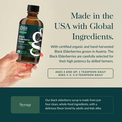 Hand-harvested elderberries from Gaia Herbs' organic co-op featured on the packaging.