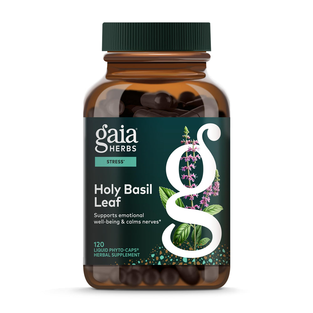 Gaia Herbs Holy Basil Leaf bottle showing vegan liquid phyto-caps for daily balance.