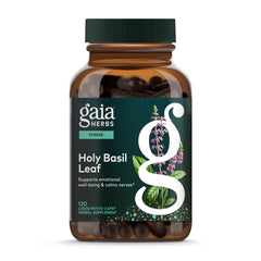 Gaia Herbs Holy Basil Leaf bottle showing vegan liquid phyto-caps for daily balance.