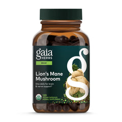 Gaia Herbs Lion's Mane bottle front, organic vegan capsules for daily brain support