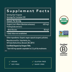 Gaia Herbs Lion's Mane capsules, plant-based brain support in vegan capsules