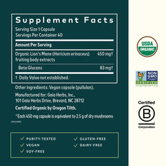Close-up of Gaia Herbs Lion's Mane label, emphasizing USDA Organic quality.