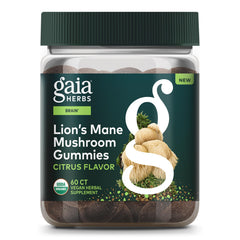 Gaia Herbs Lion's Mane bottle pour illustrates convenient daily mushroom support.