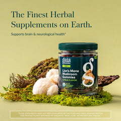 Gaia Herbs Lion's Mane gummies closeup highlights soft vegan texture for brain health.