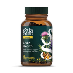 Gaia Herbs Liver Health bottle front shows daily liver support in vegan capsules