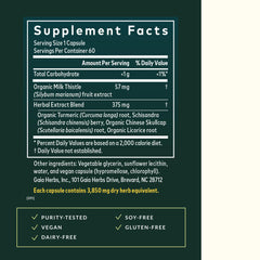 Gaia Herbs Liver Health label closeup highlights milk thistle and turmeric