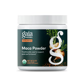 Ga ia Herbs Maca Powder packaging close-up highlights premium organic maca for energy support.