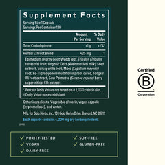 Gaia Herbs Male Libido label detail emphasizes Saw Palmetto and Horny Goat Weed.