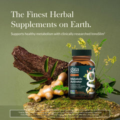Gaia Herbs Metabolic Activator capsules close-up, showcasing caffeine-free energy and vegan formula.