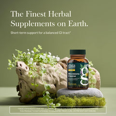 Gaia Herbs Microbiome Cleanse capsules close-up; vegan formula supports digestive balance