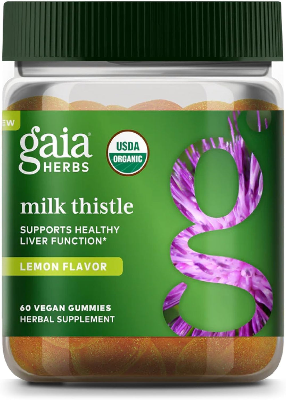 Gaia Herbs Milk Thistle Gummies bottle front for convenient liver support in vegan form.