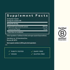Gaia Herbs Oil of Oregano bottle label detail shows Mediterranean sourcing