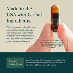 Gaia Herbs Oil of Oregano label close-up highlights origin and quality.