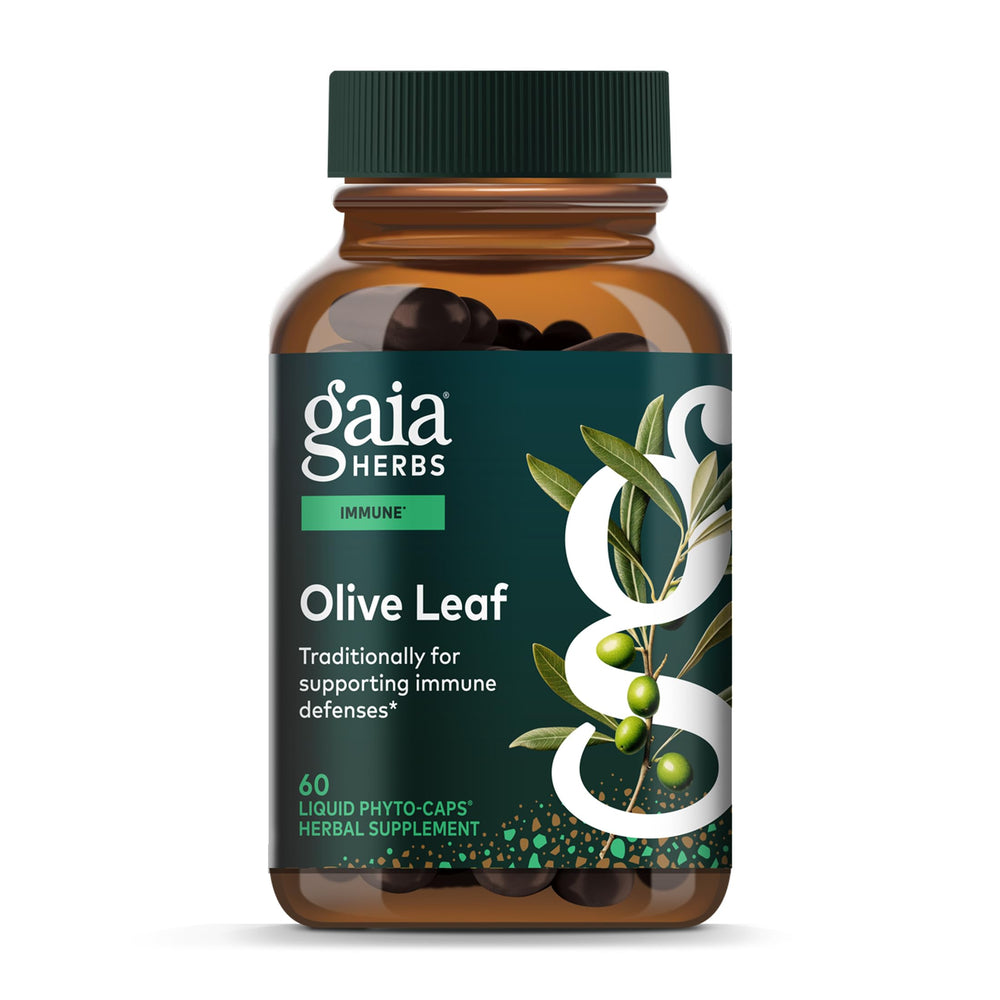 Gaia Herbs Olive Leaf bottle for daily immune support.