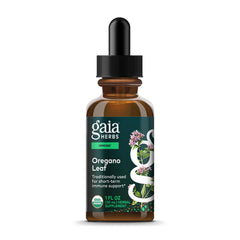 Gaia Herbs Oregano Leaf bottle showing organic liquid formula for daily immune support