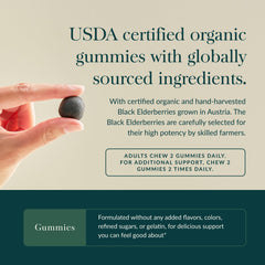 Organic elderberries certification logo beside Gaia Herbs label.
