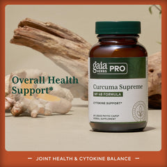 GAIA Herbs PRO Curcuma Supreme capsules close-up illustrating soft gel form for easy swallowing.