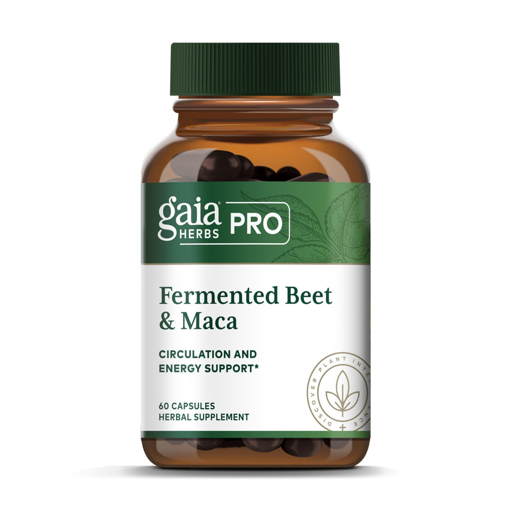 Gaia Herbs PRO Fermented Beet & Maca bottle showing energy support potential.