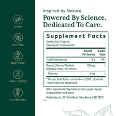GAIA Herbs PRO Rhodiola bottle back with vegan, gluten-free info