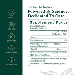 Gaia Herbs PRO Vitex PRO capsules on display illustrating organic extract