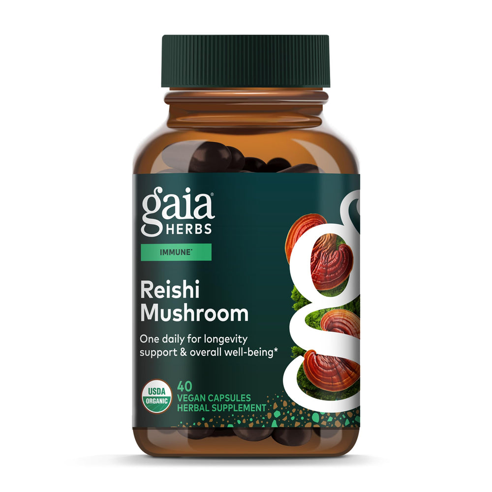 Gaia Herbs Reishi Mushroom bottle for daily adaptogenic support