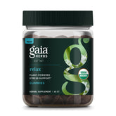 Gaia Herbs Relax Gummies bottle front for calm support in daily routine.