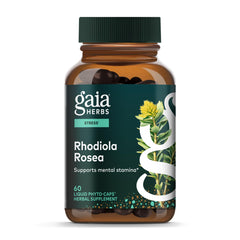 Gaia Herbs Rhodiola Rosea bottle offers daily resilience and energized focus.