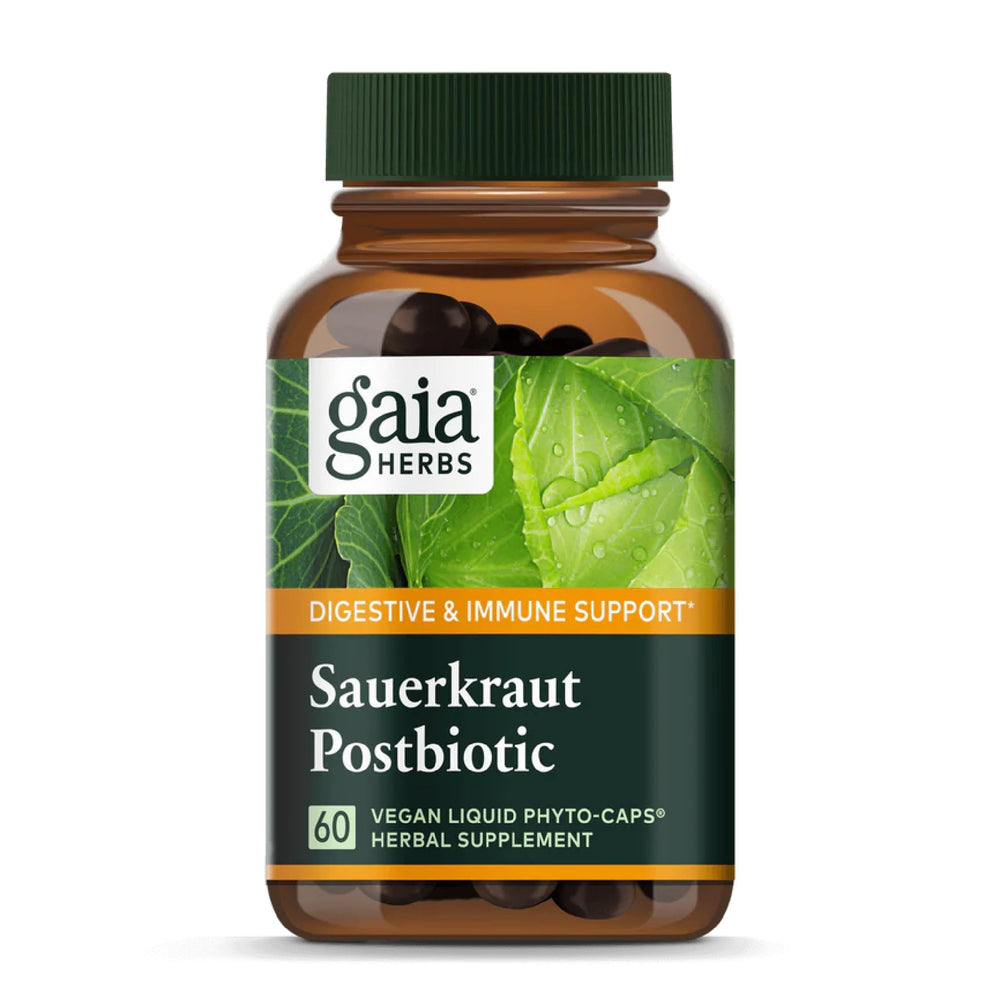 Gaia Herbs Sauerkraut Postbiotic bottle label highlights vegan gut health support.