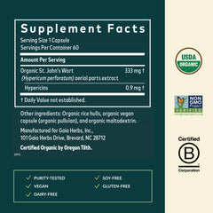 Gaia Herbs St. John's Wort label detail highlighting traditional herbal approach.