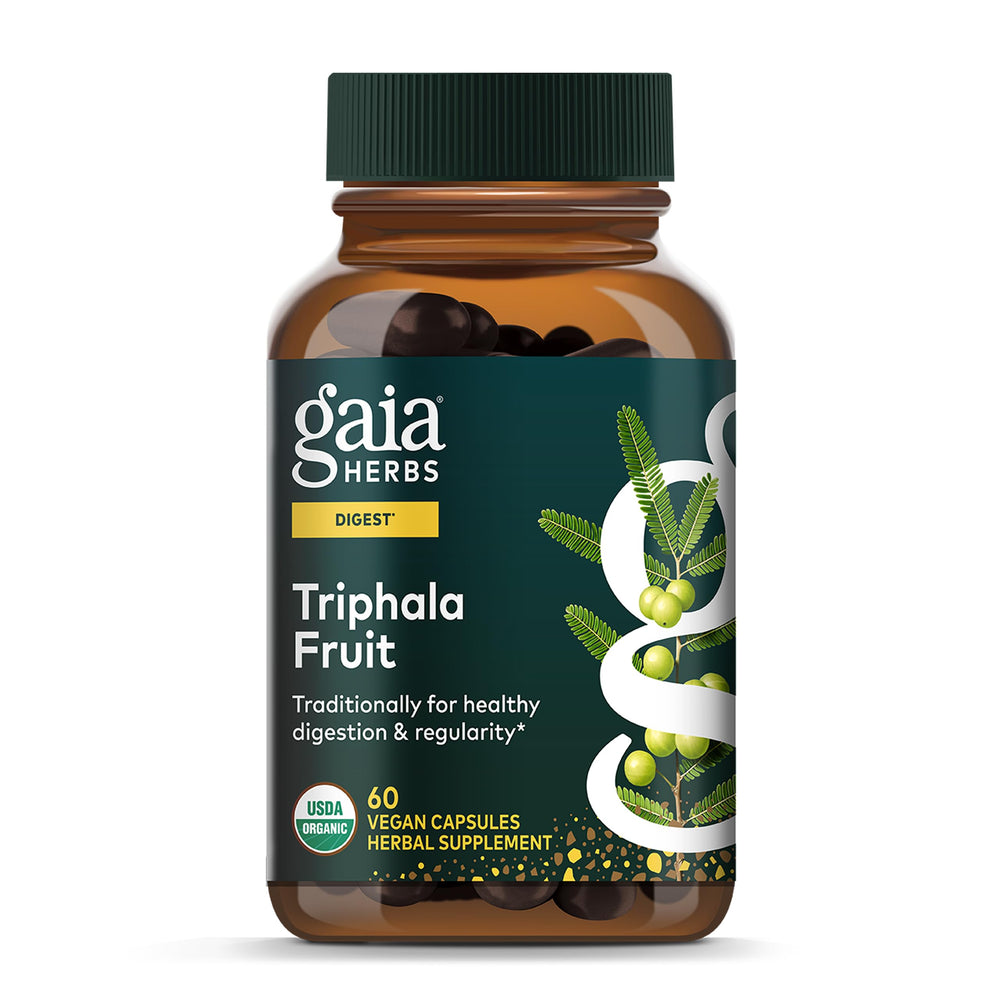 Gaia Herbs Triphala Fruit bottle showing a gentle digestive balance option.