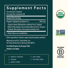 Gaia Herbs Triphala Fruit label close-up, vegan and gluten-free.