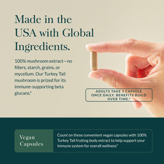 Gaia Herbs Turkey Tail vegan capsules highlight gluten-free, dairy-free, soy-free formula.