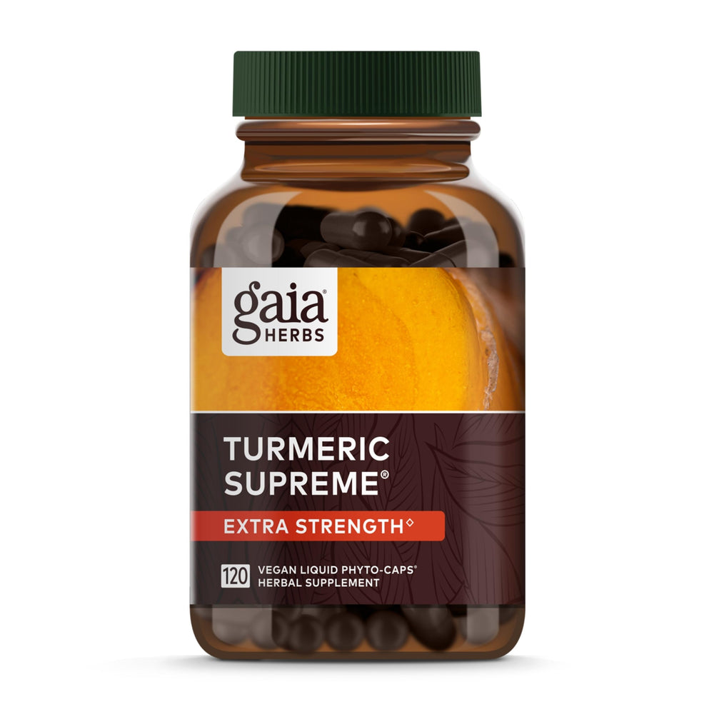 Gaia Herbs Turmeric Supreme Extra Strength bottle rests on a clean surface for daily wellness.