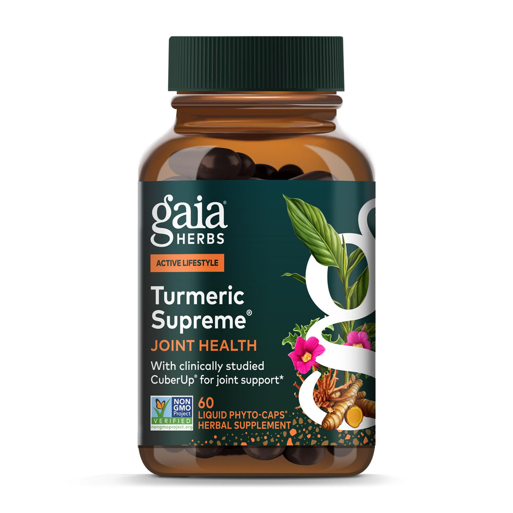 Gaia Herbs Turmeric Supreme Joint Health bottle shown for daily joint support and comfort