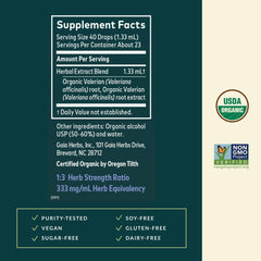 Gaia Herbs Valerian Root label close-up highlighting organic sourcing.