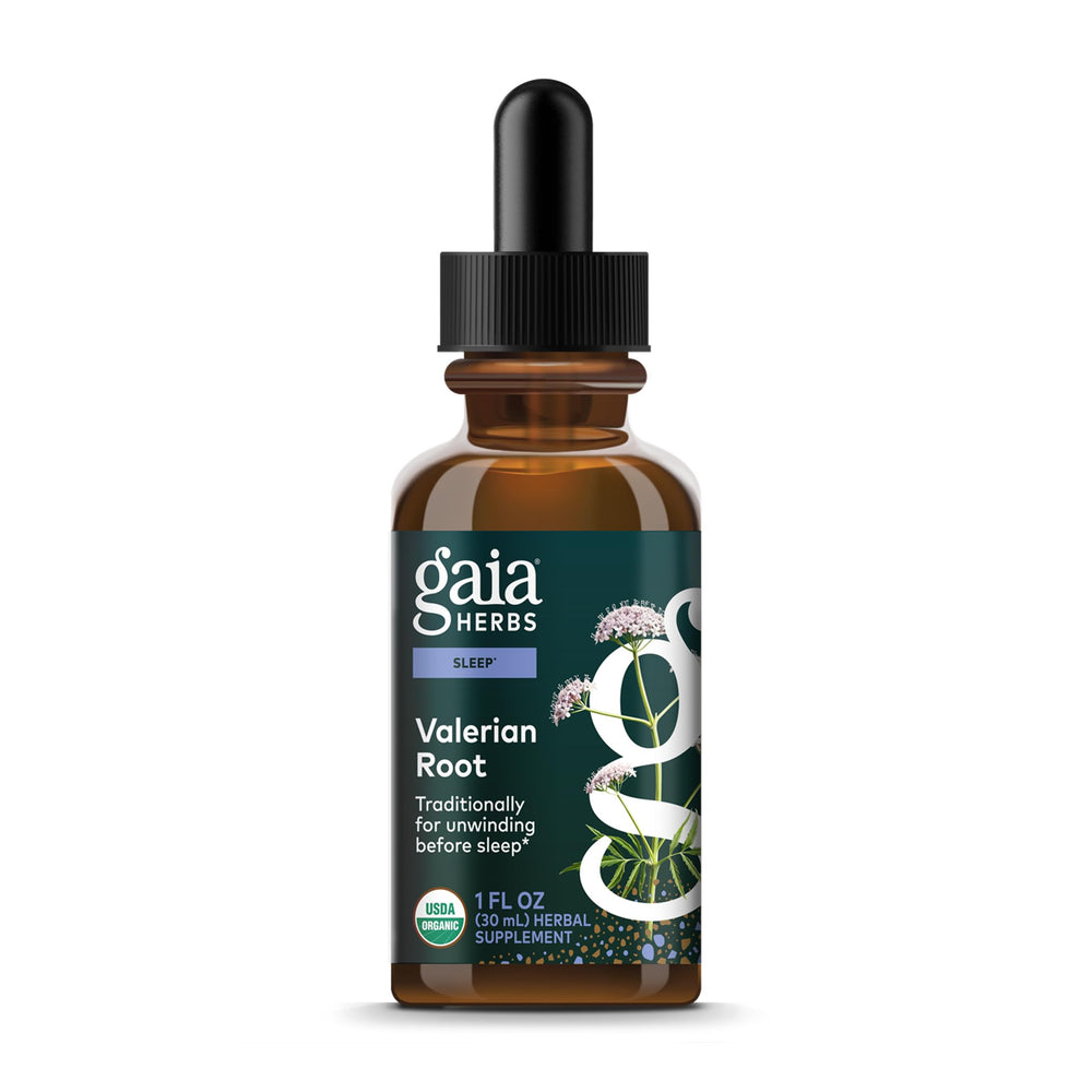 Gaia Herbs Valerian Root liquid bottle showing organic relaxation support.
