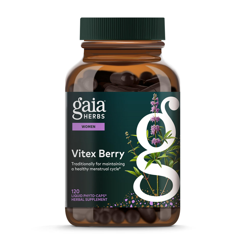 Gaia Herbs Vitex Berry bottle label showcasing vegan liquid phyto-caps for daily use