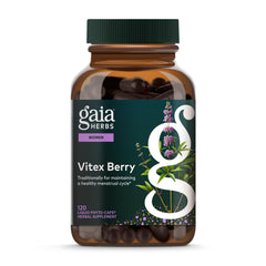 Gaia Herbs Vitex Berry bottle label showcasing vegan liquid phyto-caps for daily use