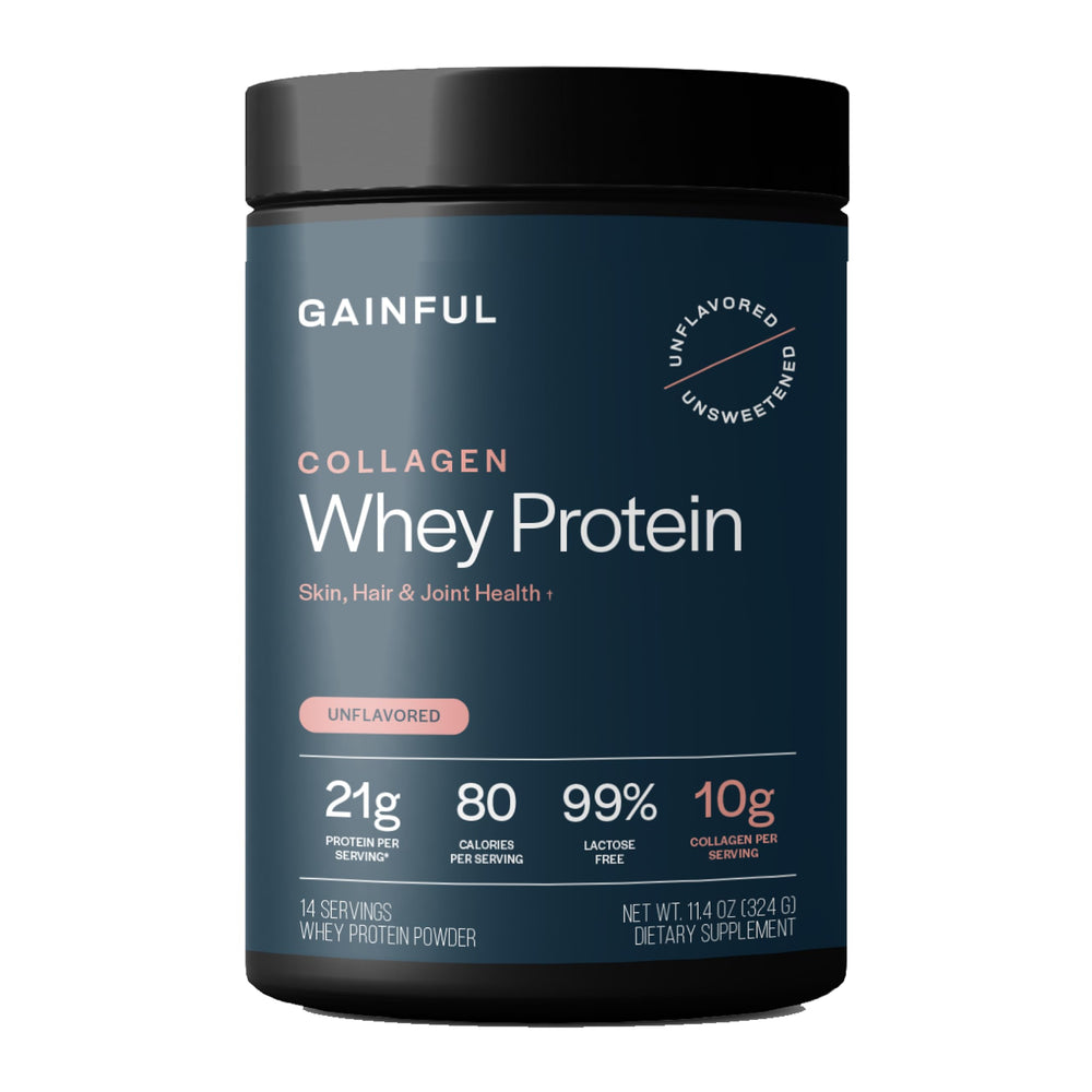 Gainful Collagen Whey Protein bottle displaying unflavored formula for versatile daily shakes.