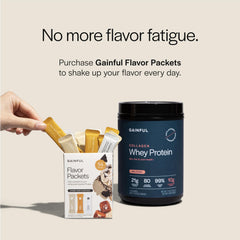 Gainful Collagen Whey Protein powder scoop shows 21g protein per serving.