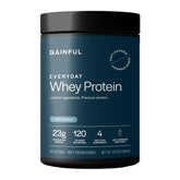 Gainful Everyday Whey Protein bottle on counter supports daily protein intake.