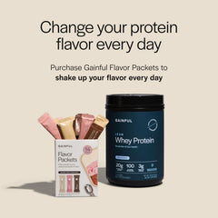 Gainful Lean Whey tub side angle highlighting label and 20g per serving.