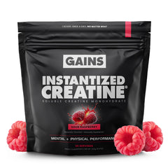 GAINS IN BULK instantized creatine powder jar for quick, clean dissolution and muscle support.