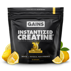 Gains in Bulk instantized creatine powder bottle pouring for fast, smooth dissolution.