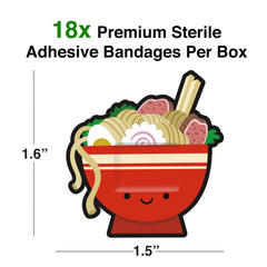 GAMAGO ramen bandages pack-detail highlighting sterile, individually wrapped plasters.