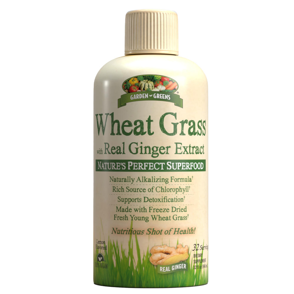 Garden Greens Wheat Grass Liquid bottle highlighting lemon flavor and chlorophyll-rich formula.