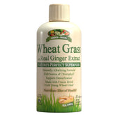 Garden Greens Wheat Grass Liquid bottle highlighting lemon flavor and chlorophyll-rich formula.