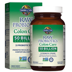 Garden of Life Colon Care bottle highlighting probiotic potency and 50B CFU