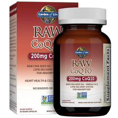 Garden of Life CoQ10 200mg softgel bottle for heart health support.